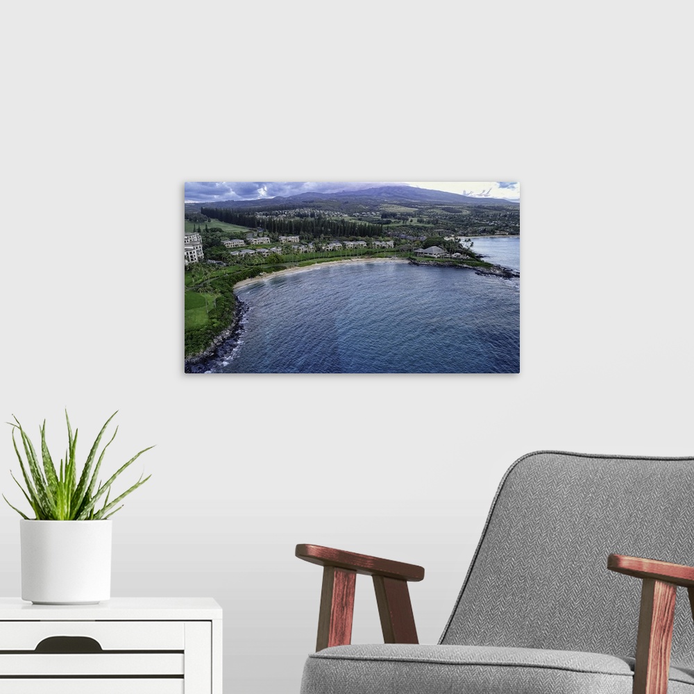 A modern room featuring Stunning Kapalua Bay in Maui, Hawaii, USA. This is a 3 image aerial panoramic.