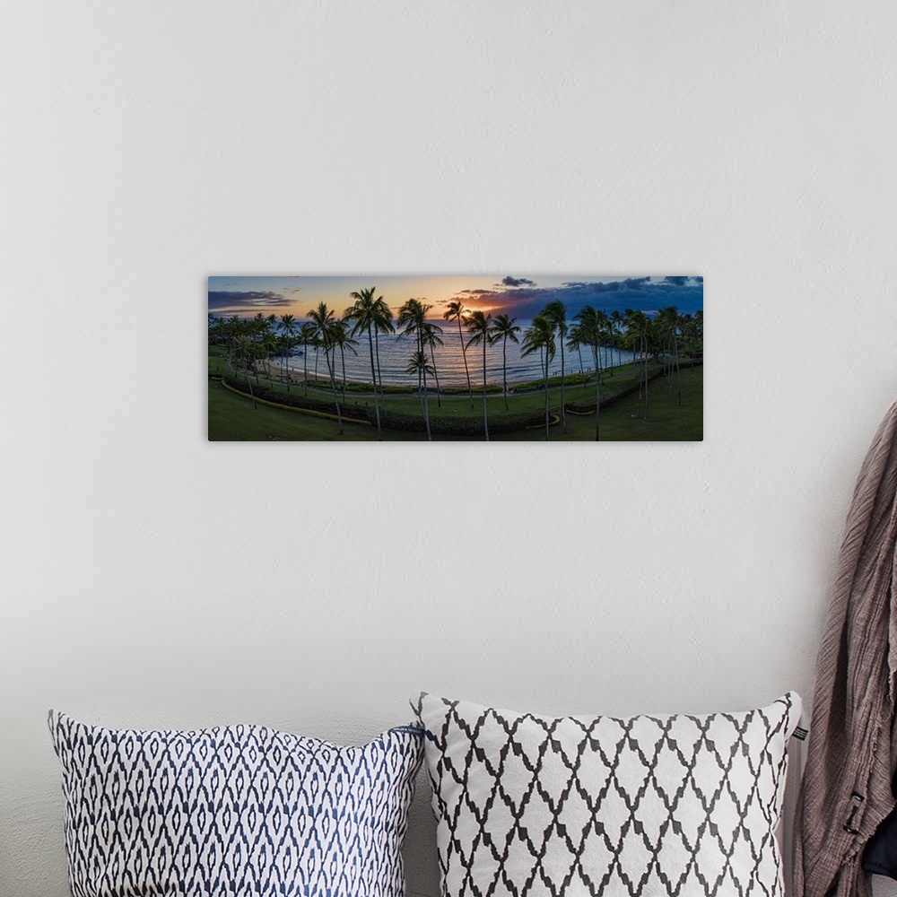 A bohemian room featuring Stunning Kapalua Bay in Maui, Hawaii, USA. This is a 4 image aerial panoramic at sunset.