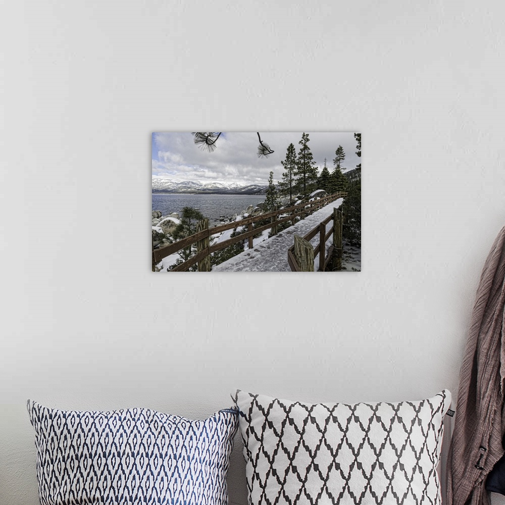 A bohemian room featuring Lake Tahoe's Sand Harbor in winter. Lake Tahoe is a very large lake that's in both California and...