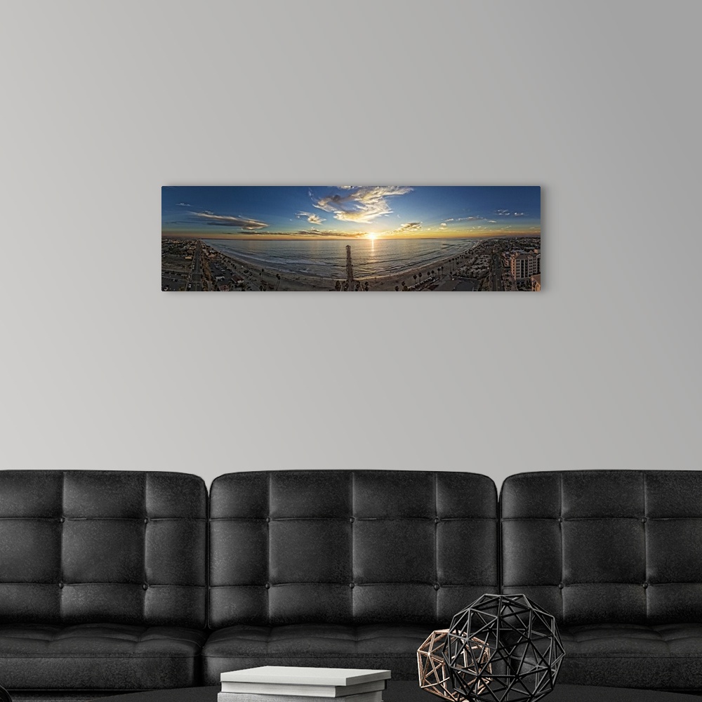 A modern room featuring Oceanside coastline sunset panoramic. This is a 5 image aerial panoramic of the Oceanside, Califo...