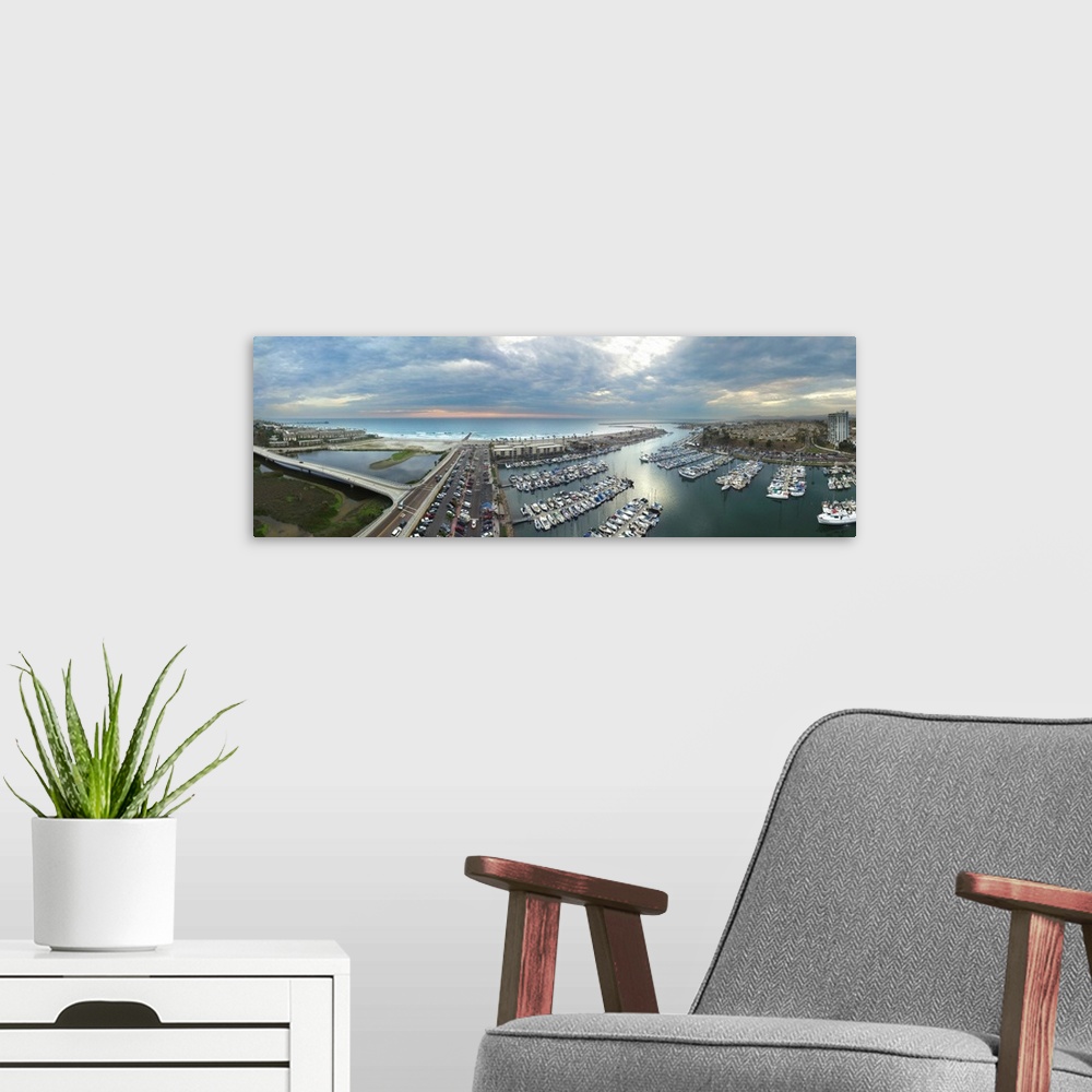 A modern room featuring Oceanside Harbor aerial panoramic. Oceanside is 40 miles North of San Diego, California, USA.