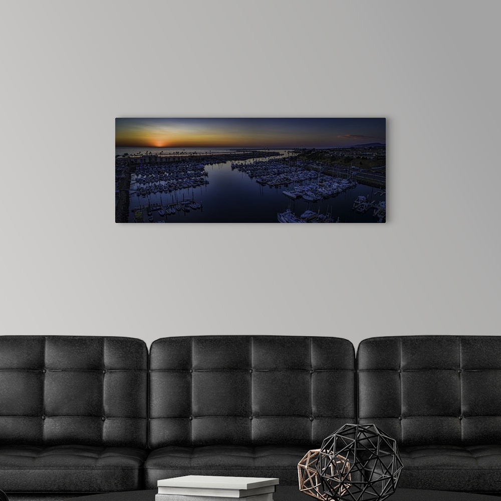 A modern room featuring Oceanside Harbor sunset panoramic. Oceanside is 35 miles North of San Diego, California, USA