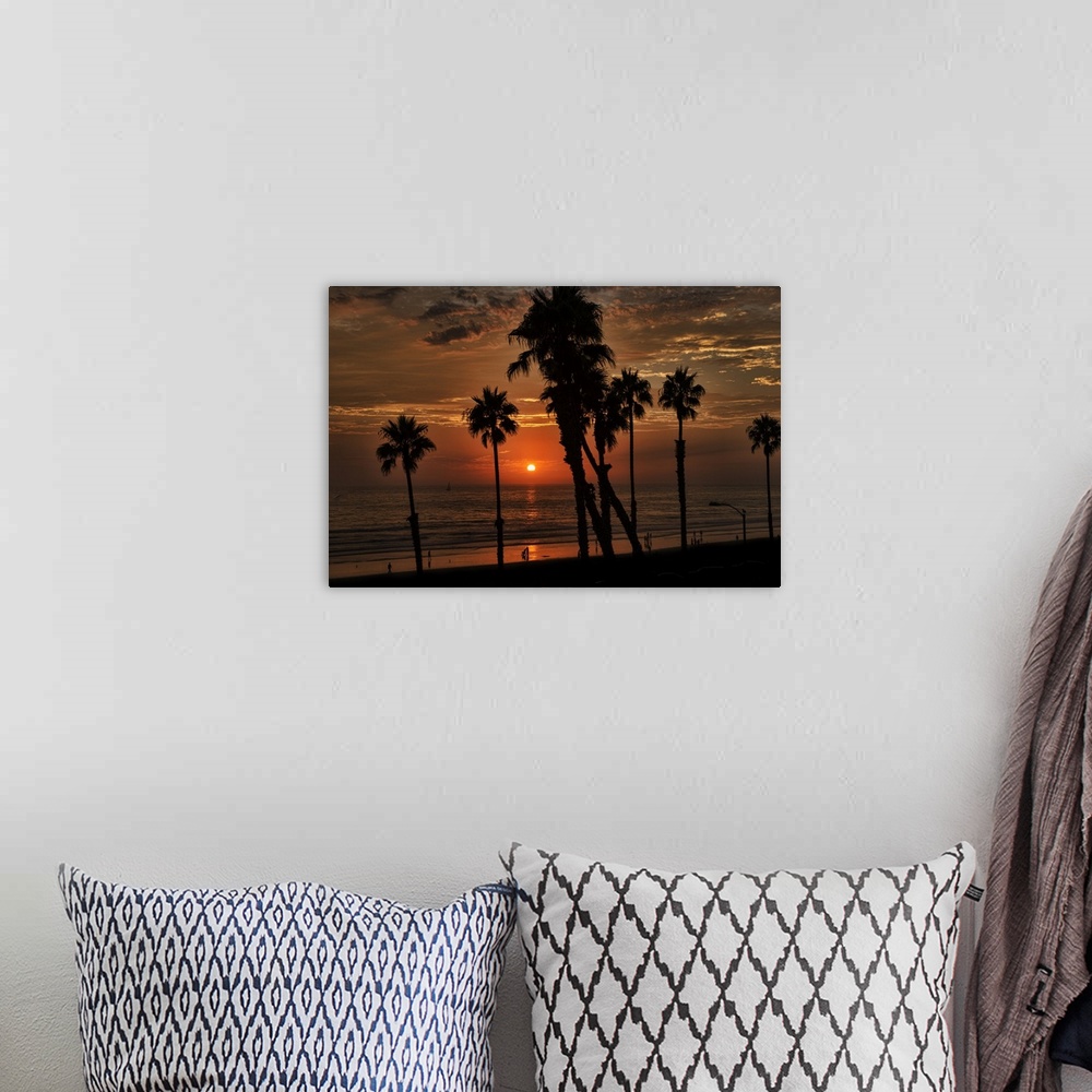 A bohemian room featuring Orange colored sunset and tall silhouetted palms near the Oceanside Pier, Oceanside, California, ...