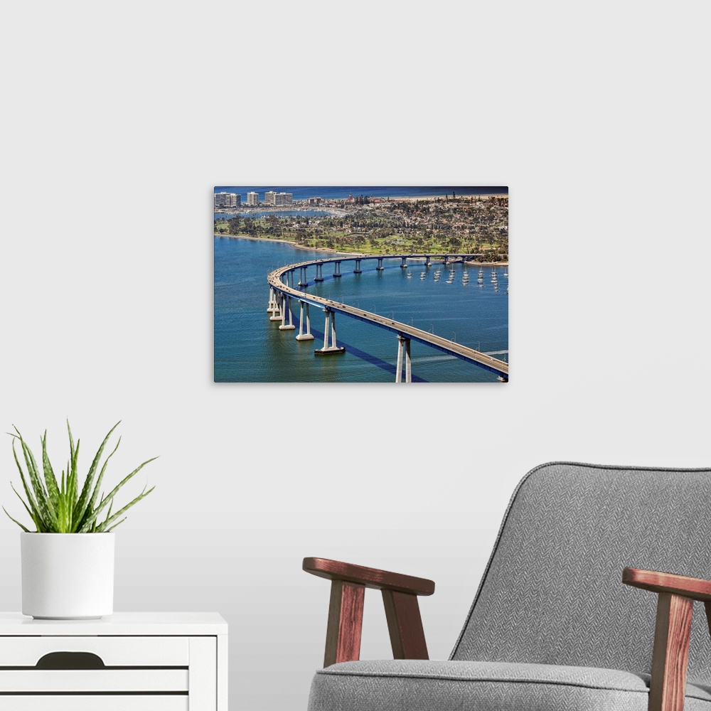 A modern room featuring San Diego's Coronado Bay Bridge, San Diego, California, USA.