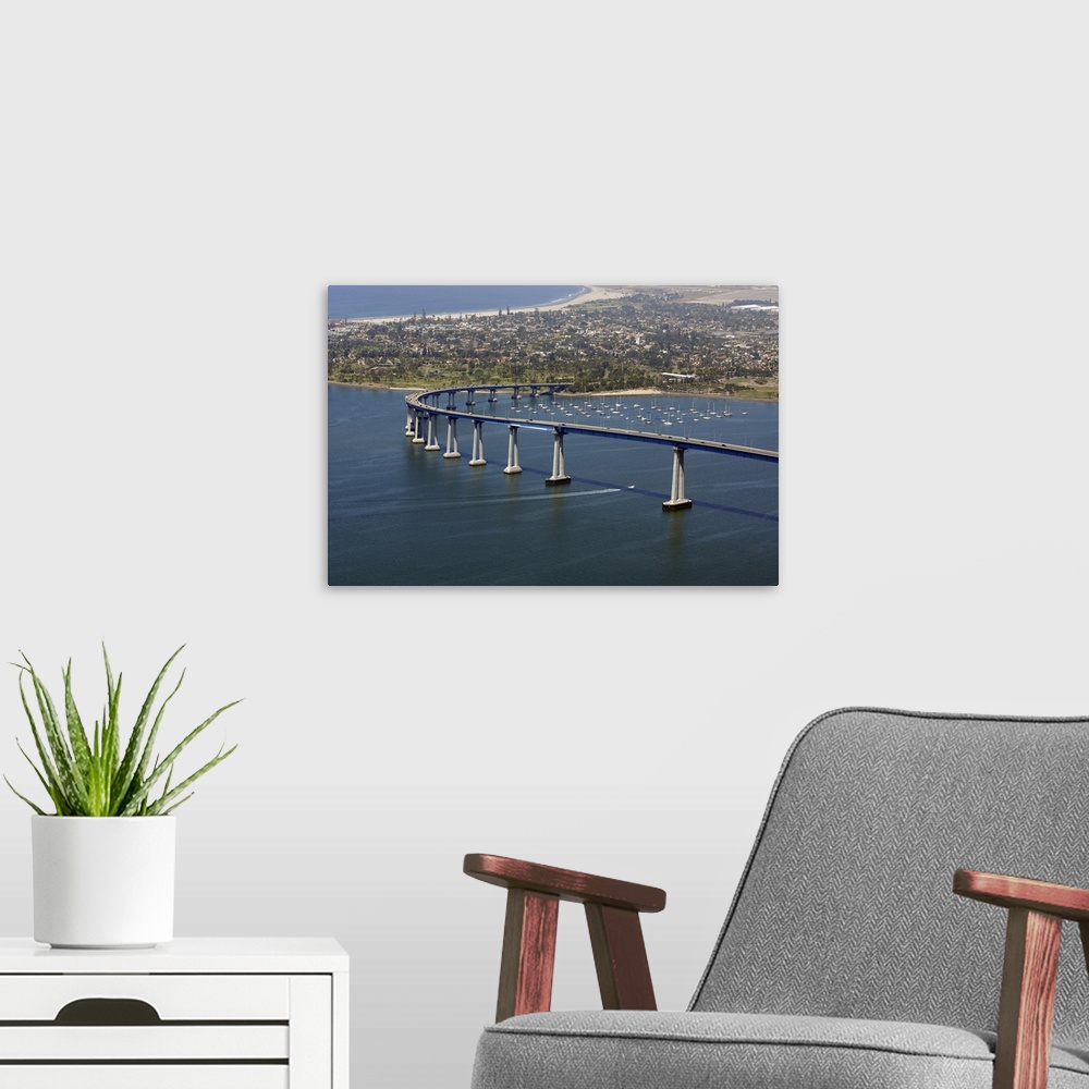 A modern room featuring San Diego's Coronado Bay Bridge, San Diego, California, USA.
