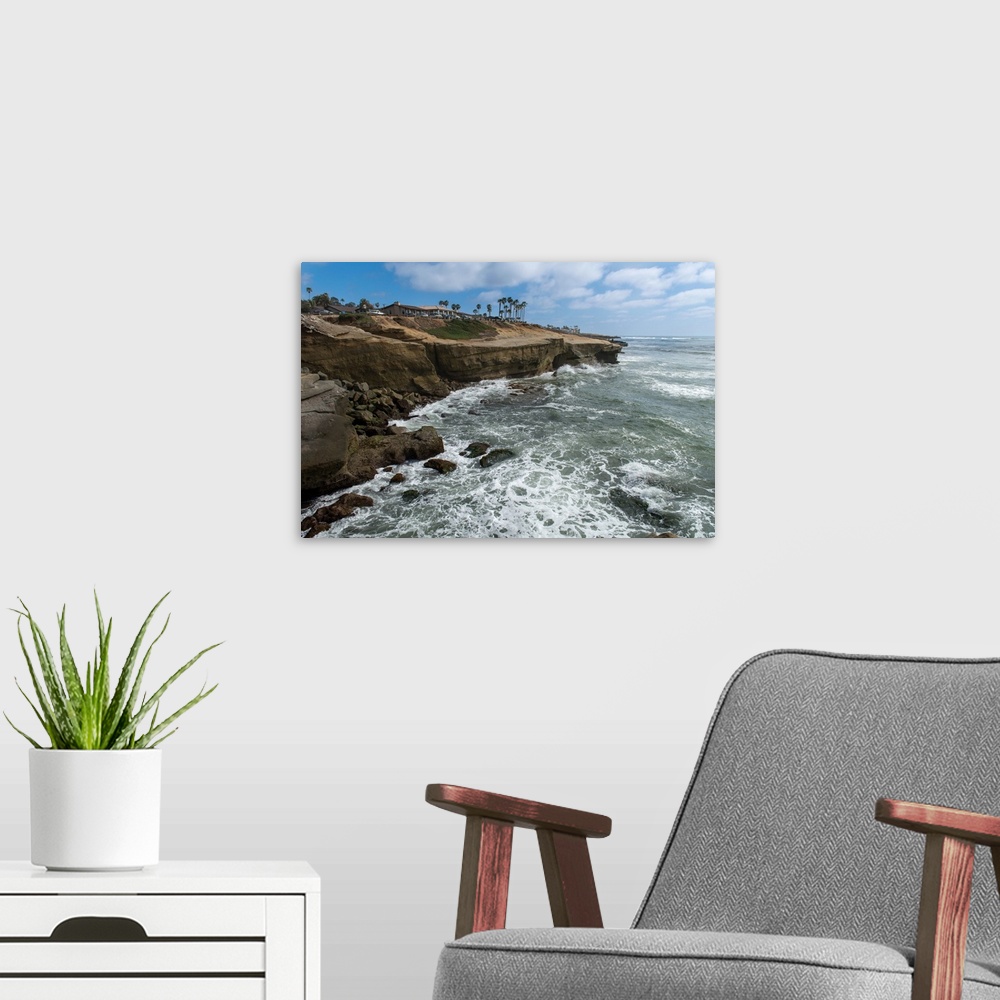 A modern room featuring San Diego's sunset cliffs, San Diego, California, USA