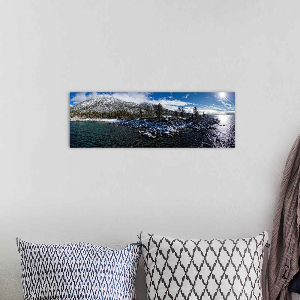 A bohemian room featuring Sand Harbor Lake Tahoe, California, USA. This is a 5 image aerial panoramic of Sand Harbor at Lak...