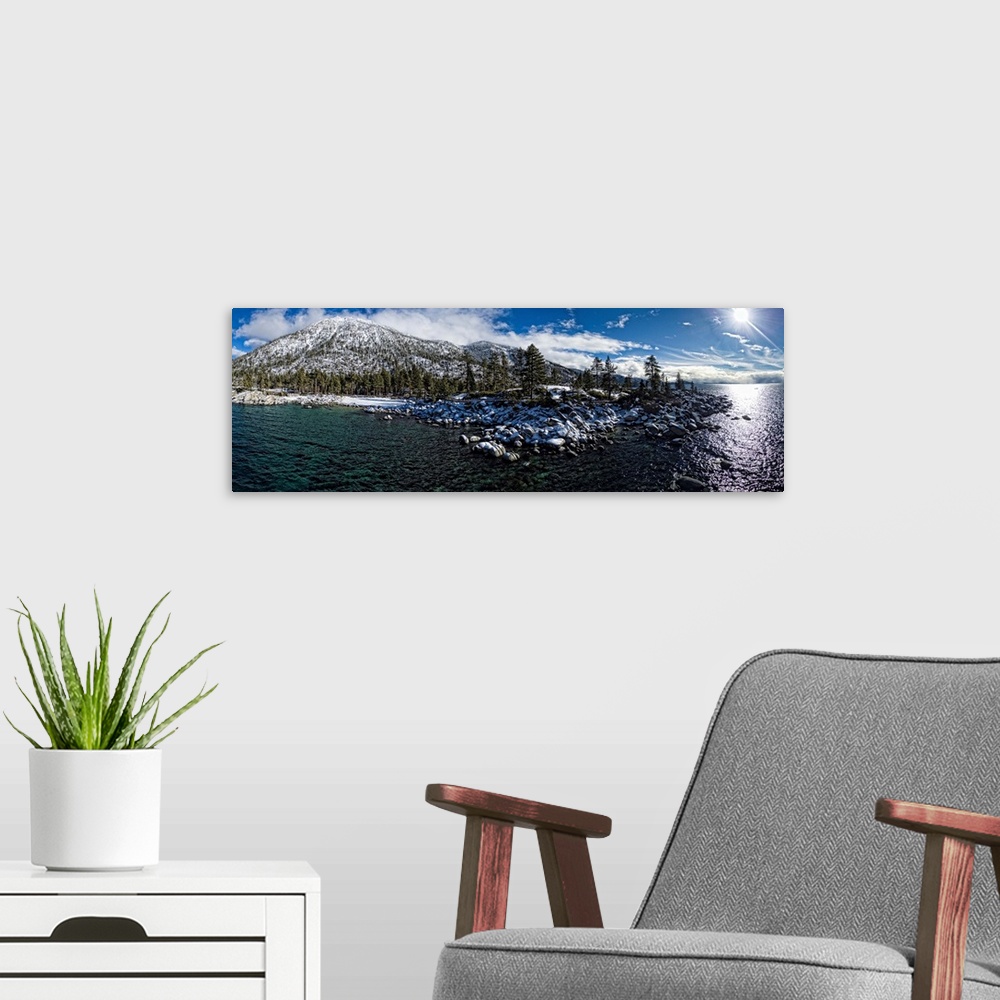 A modern room featuring Sand Harbor Lake Tahoe, California, USA. This is a 5 image aerial panoramic of Sand Harbor at Lak...