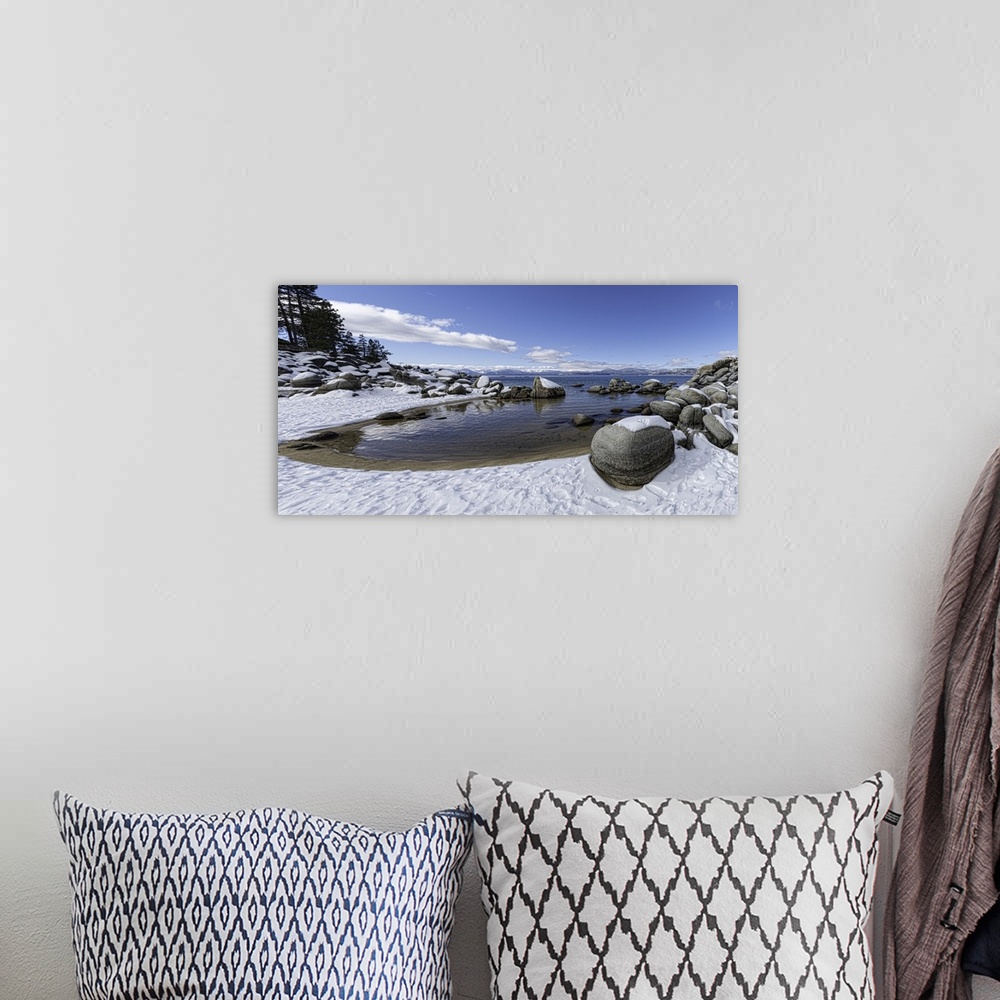 A bohemian room featuring This is a huge panoramic of Lake Tahoe's Sand Harbor in winter. Lake Tahoe is a very large lake t...