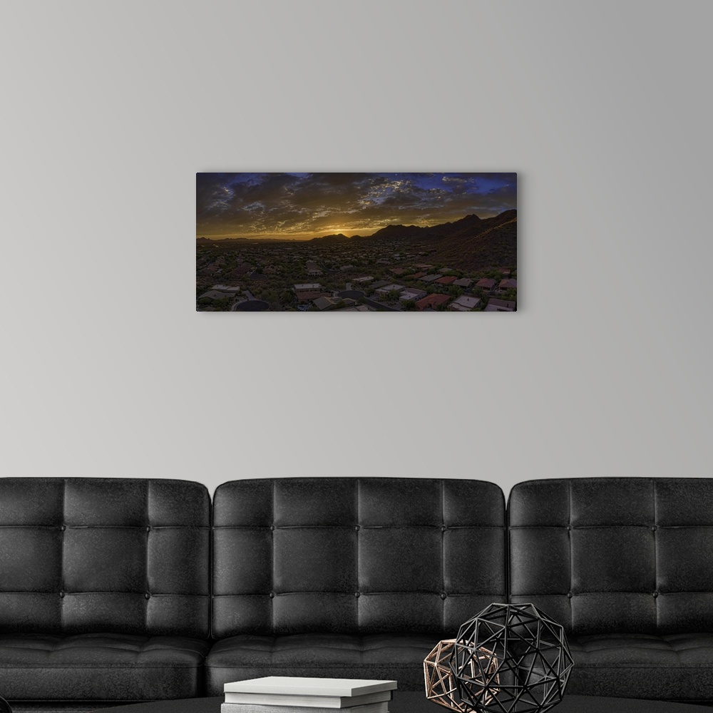 A modern room featuring Scottsdale Arizona aerial sunset panoramic