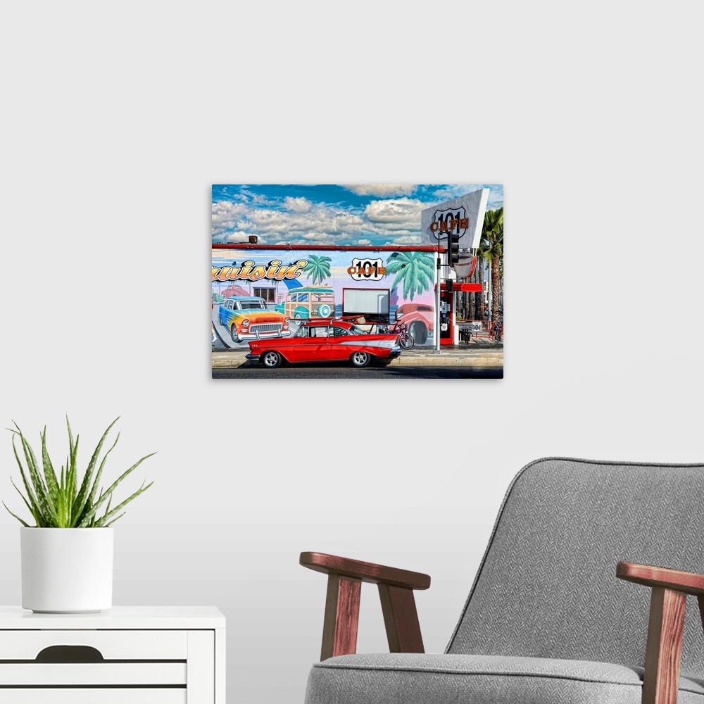 A modern room featuring The 101 Cafe with an old Chevy out front. The 101 Cafe is in Oceanside, California.