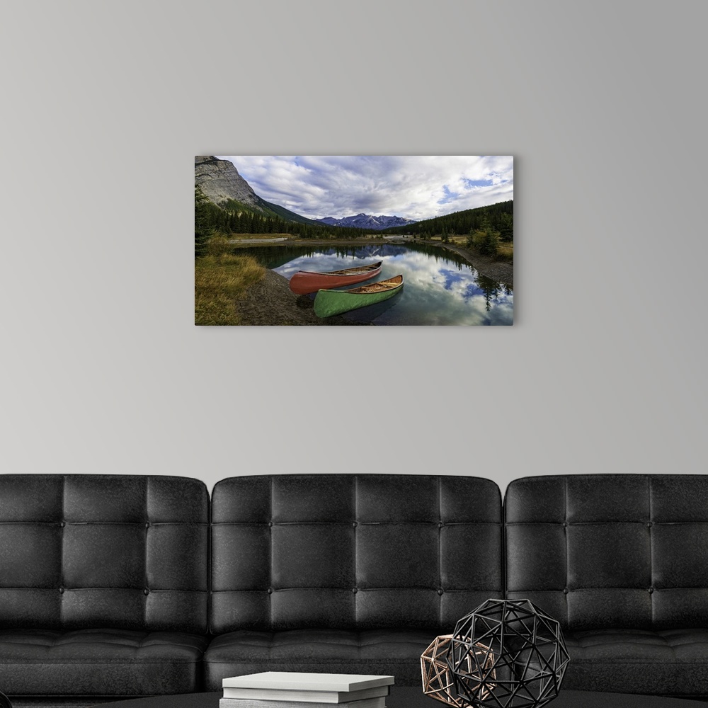 A modern room featuring Canoe reflection at Cascade Ponds, Banff, Canada