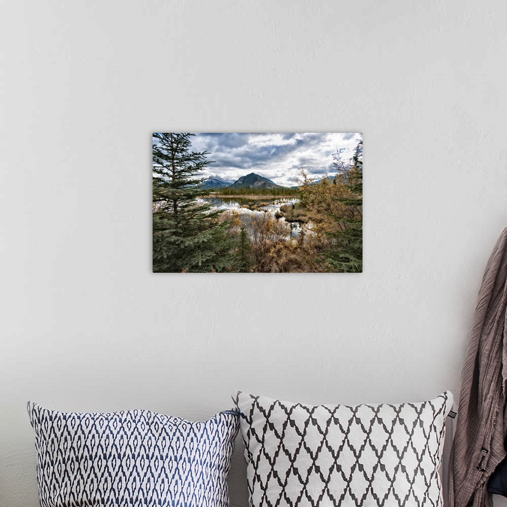 A bohemian room featuring A view across Vermilion Lakes towards Mount Rundle and the town of Banff. Banff National Park, Al...