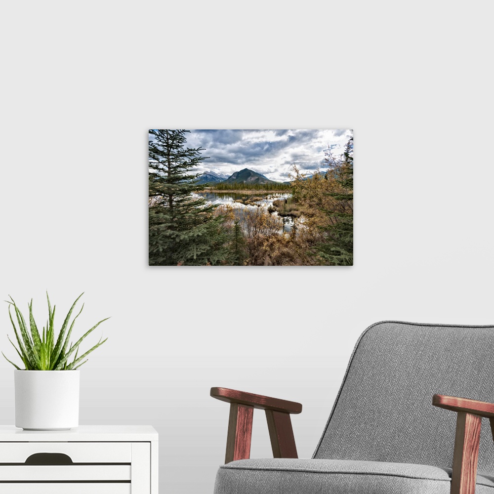 A modern room featuring A view across Vermilion Lakes towards Mount Rundle and the town of Banff. Banff National Park, Al...