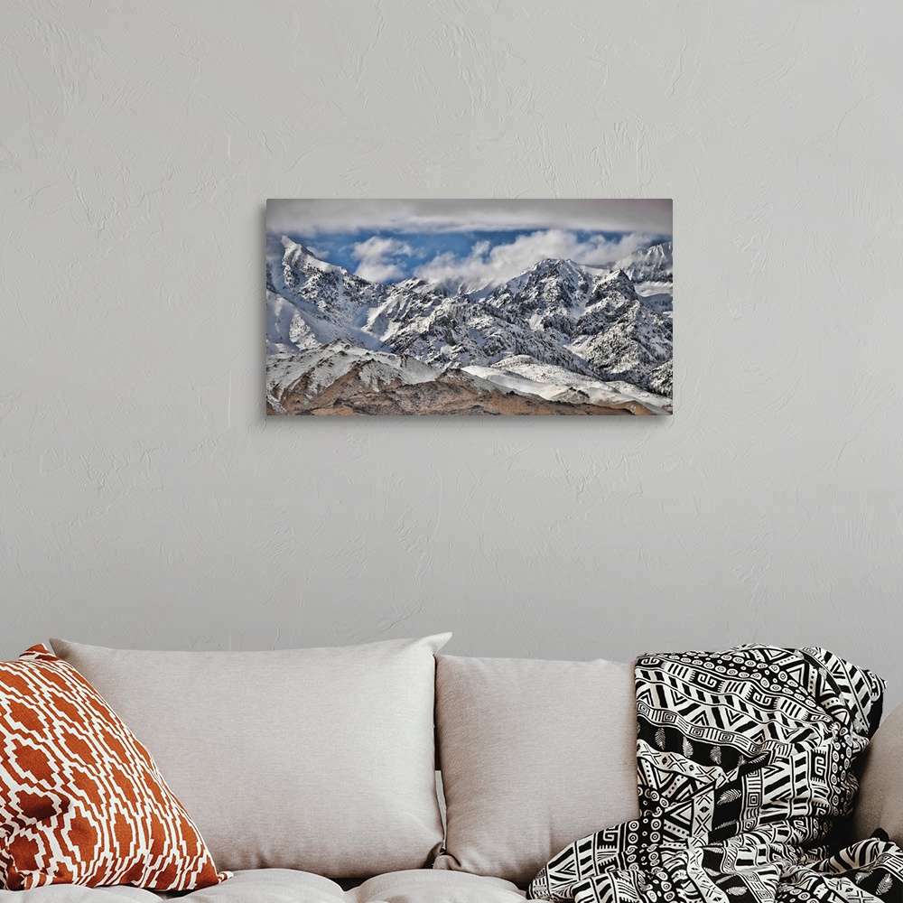 A bohemian room featuring Weather up top - Wintry mountains with snow-capped peaks along California's 395 in the Eastern Si...