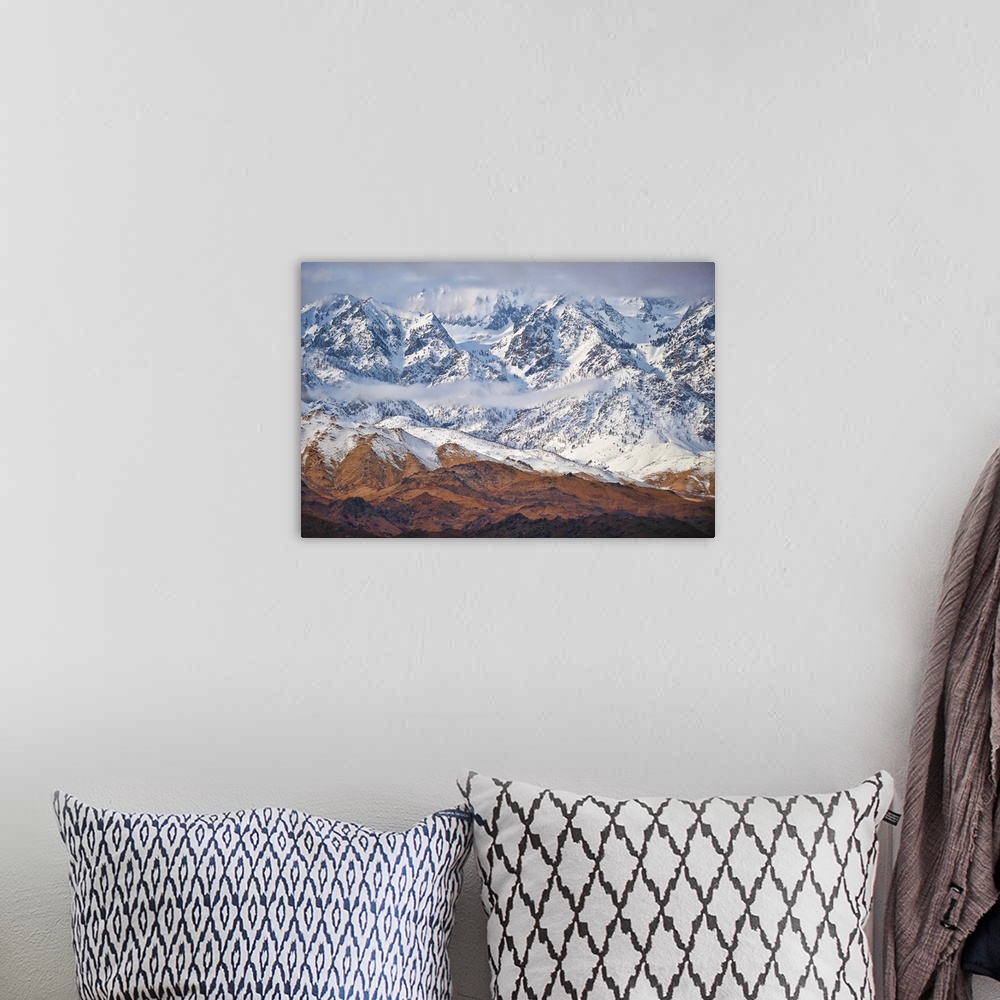 A bohemian room featuring Wintry mountains with snow-capped peaks along California's 395 in the Eastern Sierras.
