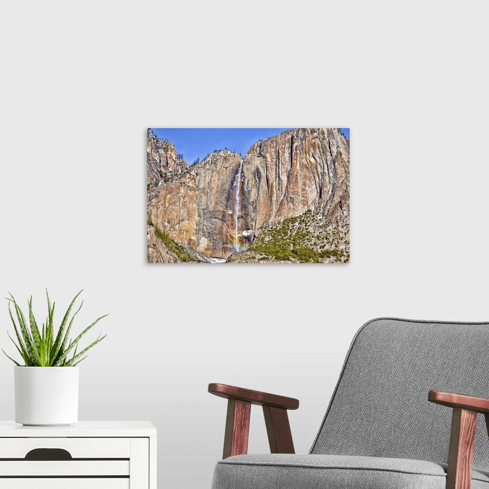 A modern room featuring Yosemite Falls in Winter. Yosemite National Park is in California, USA.