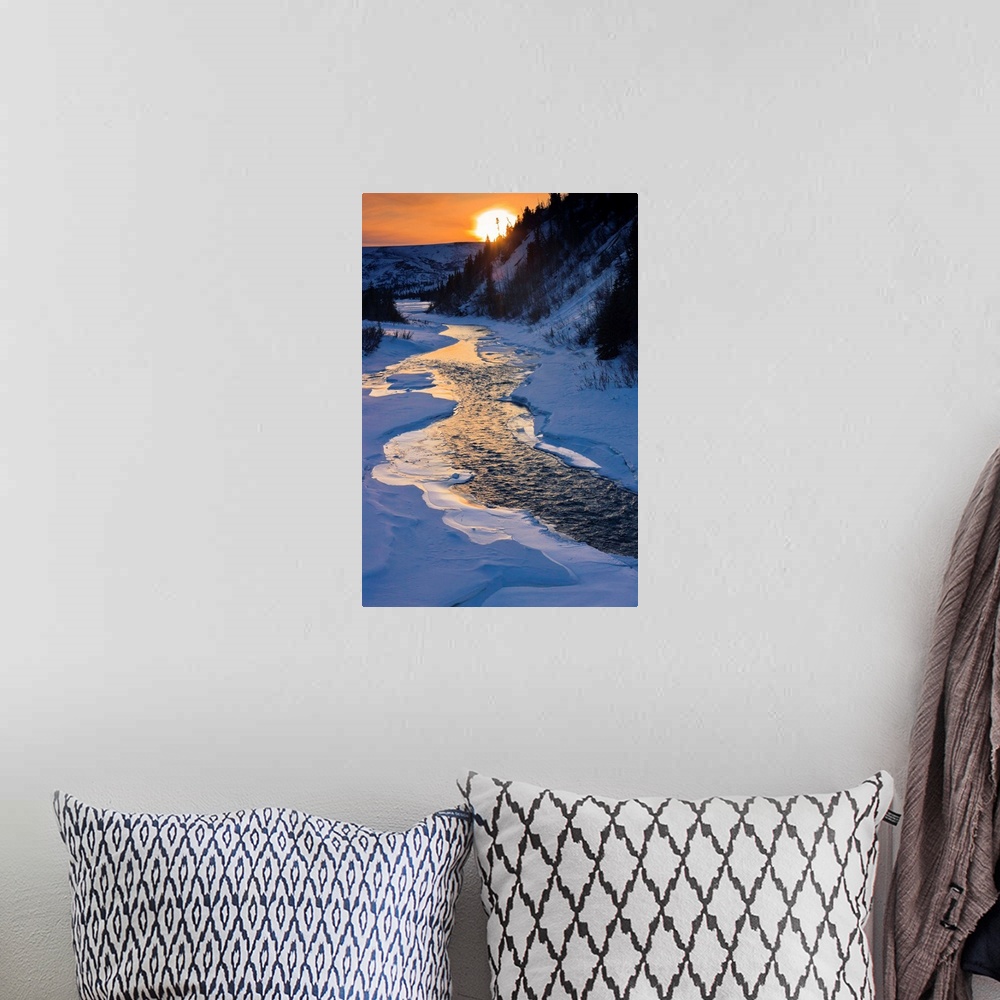 A bohemian room featuring Sunset over Phelan Creek alongside the Richardson Highway, winter,  Alaska, USA.
