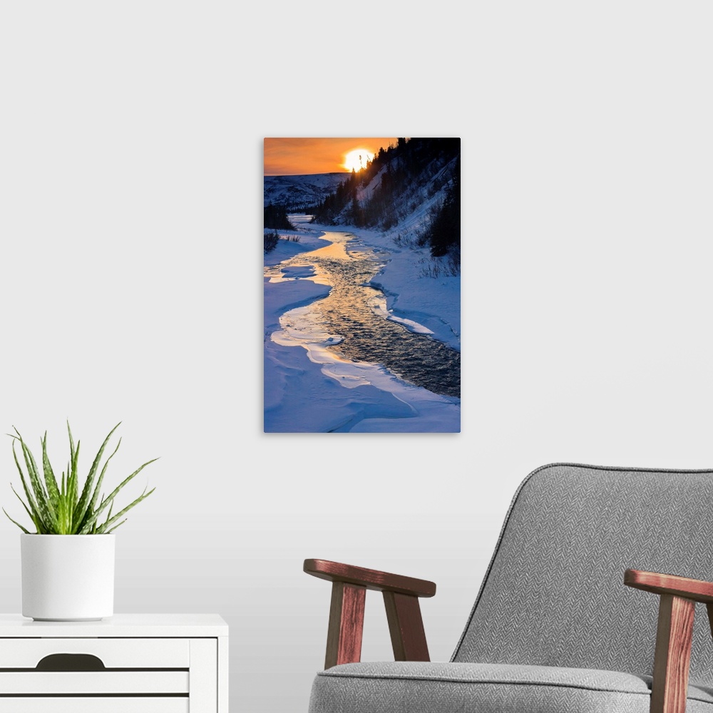 A modern room featuring Sunset over Phelan Creek alongside the Richardson Highway, winter,  Alaska, USA.
