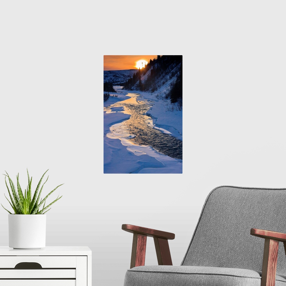 A modern room featuring Sunset over Phelan Creek alongside the Richardson Highway, winter,  Alaska, USA.