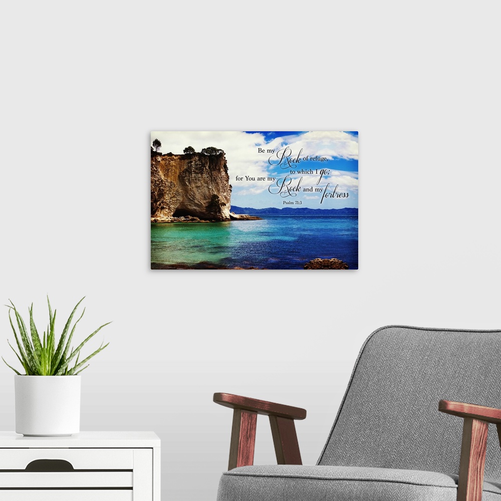 A modern room featuring Image Of A Cliff On The Coast With Blue And Turquoise Water And Scripture From Psalm 71:3