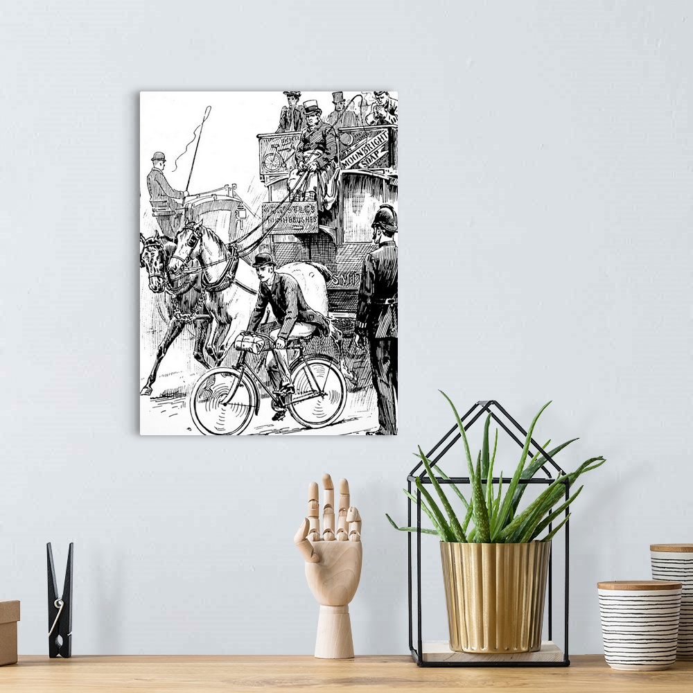 A bohemian room featuring Illustration depicting a cyclist in busy London traffic. The man is riding a machine of the Rover...