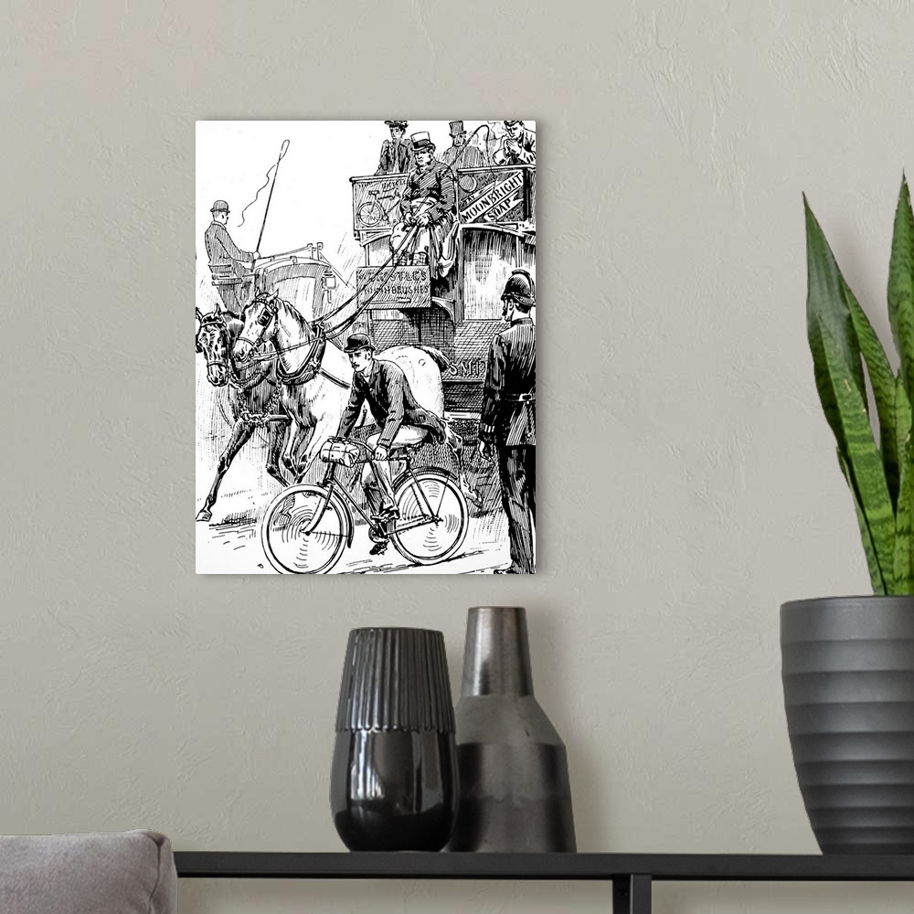 A modern room featuring Illustration depicting a cyclist in busy London traffic. The man is riding a machine of the Rover...