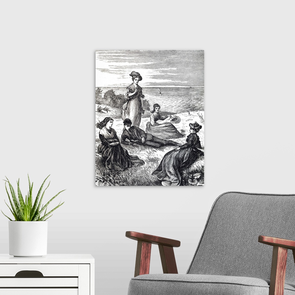 A modern room featuring Illustration depicting a family relaxing on a grassy bank looking out onto the sea. Dated 19th ce...