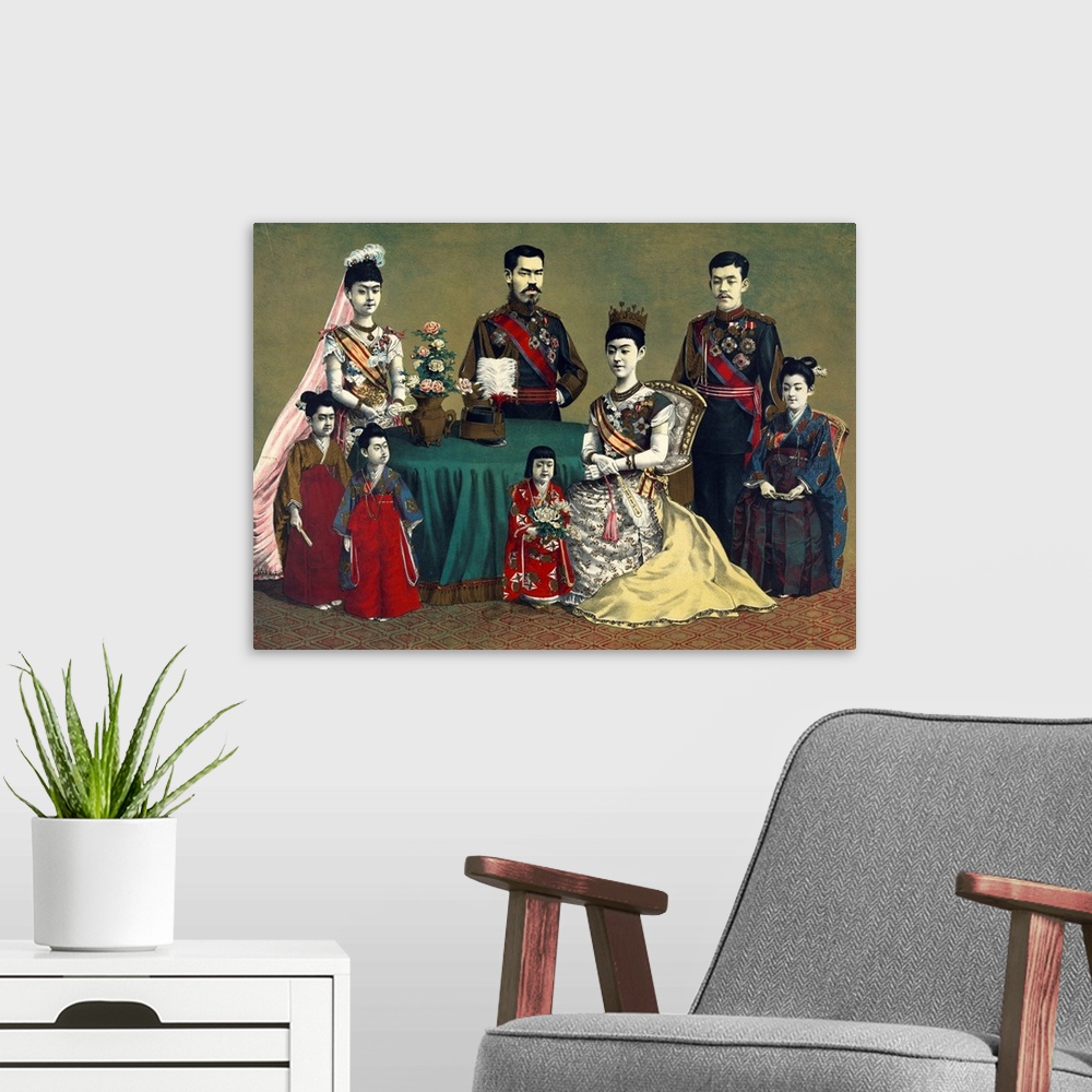 A modern room featuring Originally a Woodcut illustration, a group portrait of Meiji, Emperor of Japan and the imperial f...
