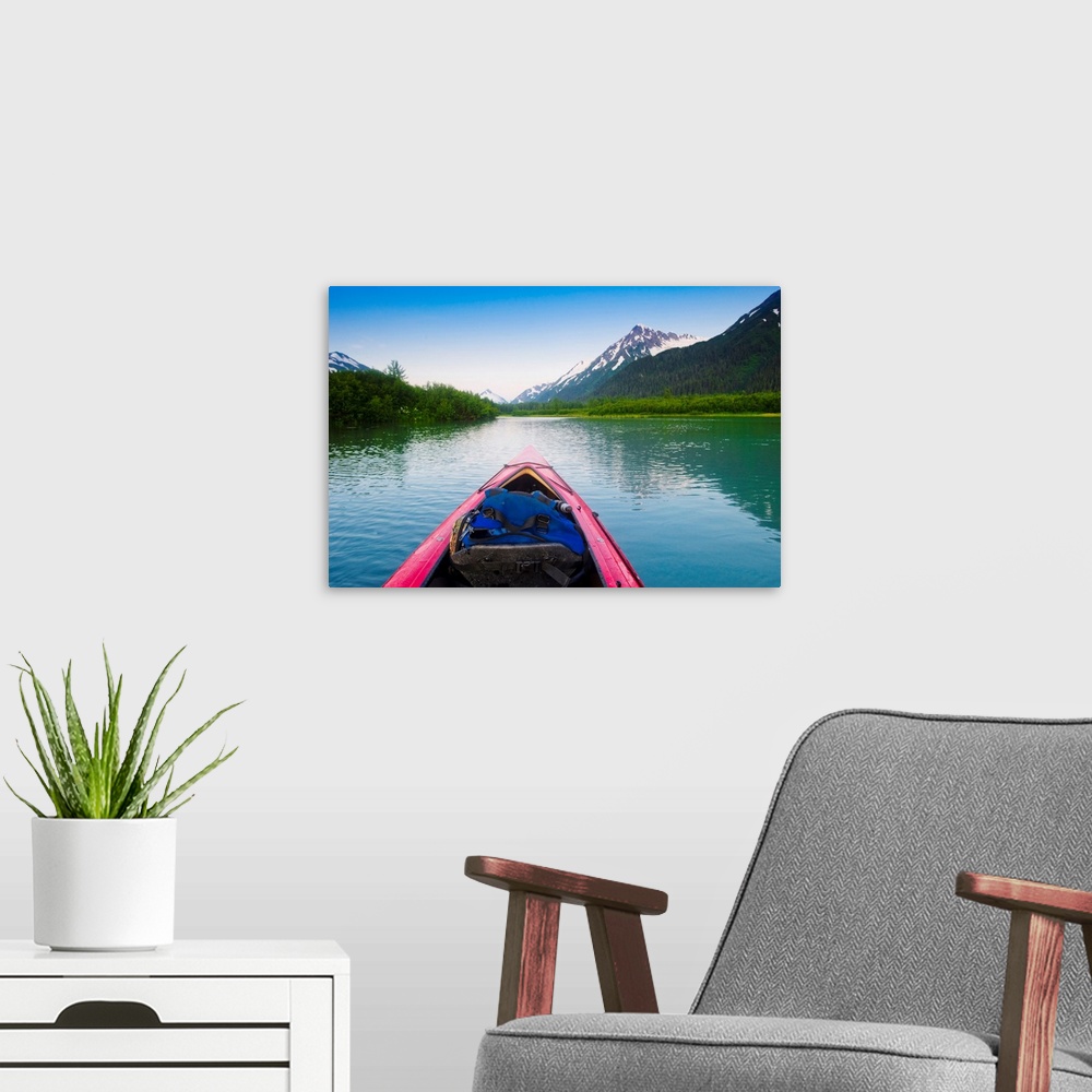 A modern room featuring A Kayaker's Perspective While Crossing A Calm Lake At Sunset, Southcentral Alaska During Summer