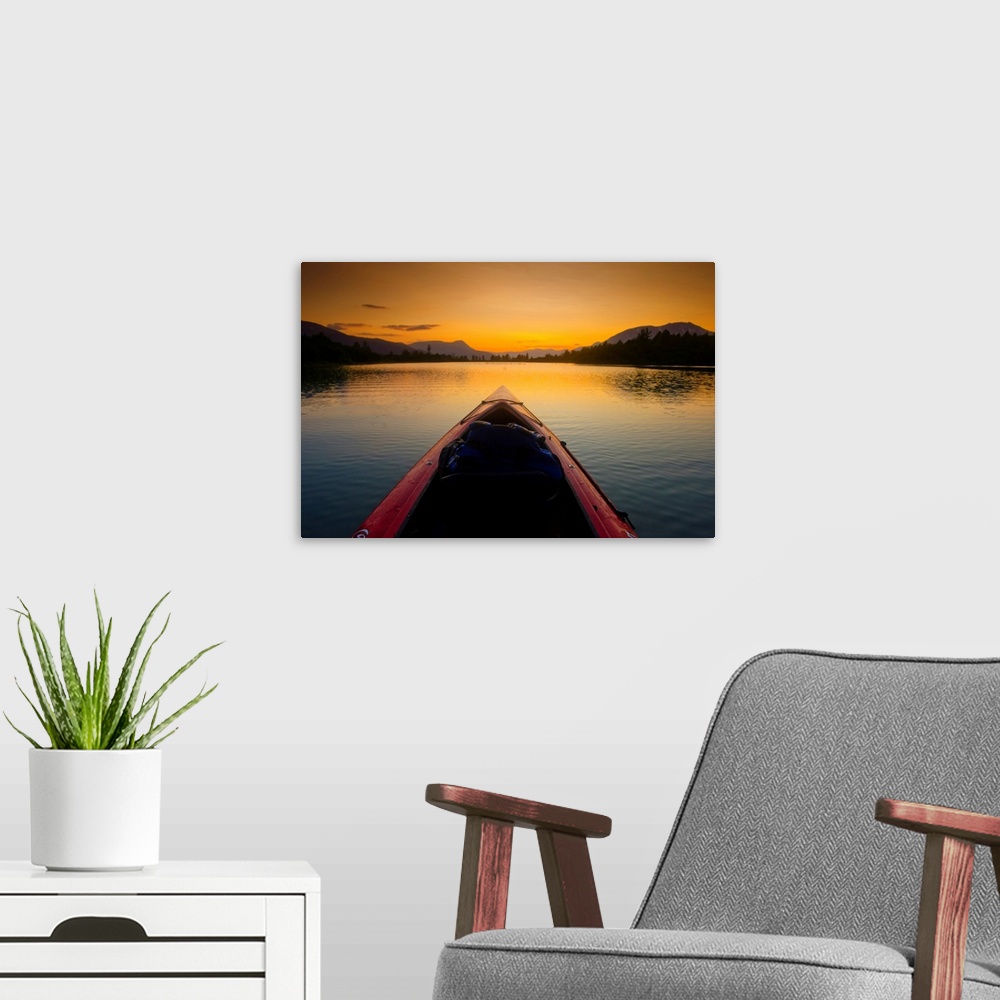 A modern room featuring A Kayaker's Perspective While Crossing A Calm Lake At Sunset, Alaska
