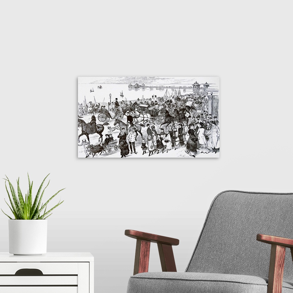 A modern room featuring Illustration depicting a busy scene next to the sea during the summer holidays. A large crowd is ...