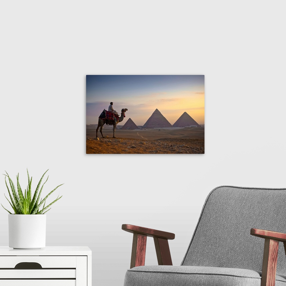 A modern room featuring A lone camel and rider stand in front of the setting sun with the great pyramids behind them; Giz...