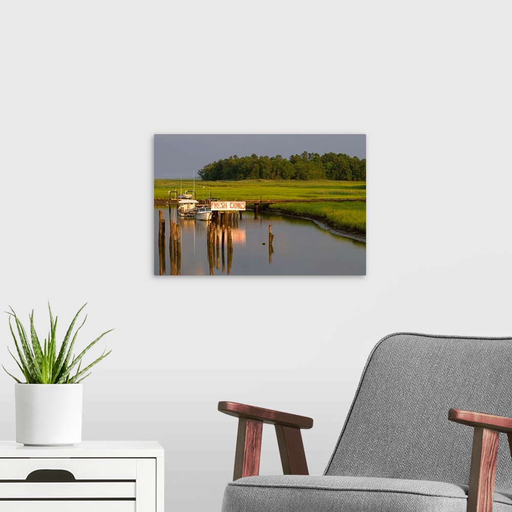 A modern room featuring A marsh and boat dock near the York River.