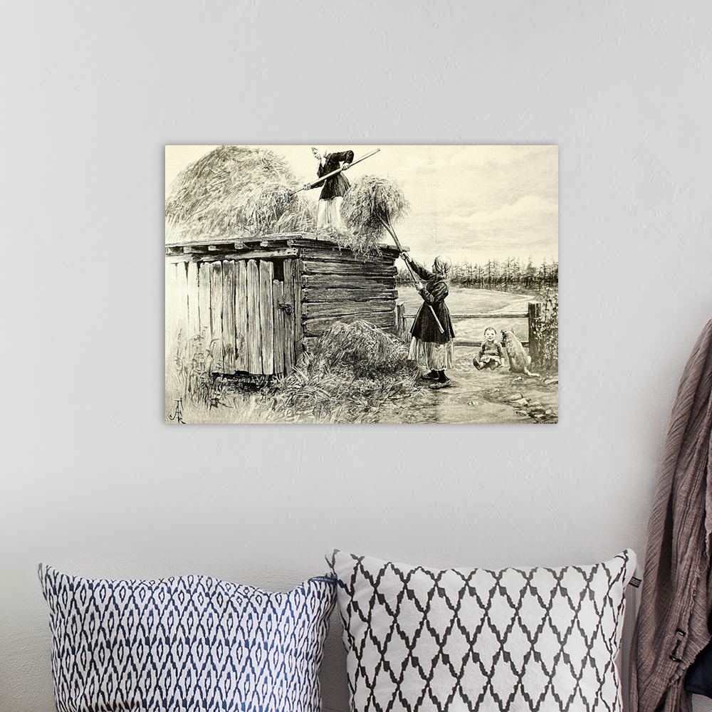 A bohemian room featuring Illustration depicting a peasant family storing winter fodder in the roof of a shed in Siberia, R...