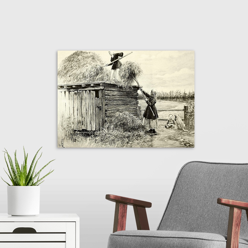 A modern room featuring Illustration depicting a peasant family storing winter fodder in the roof of a shed in Siberia, R...