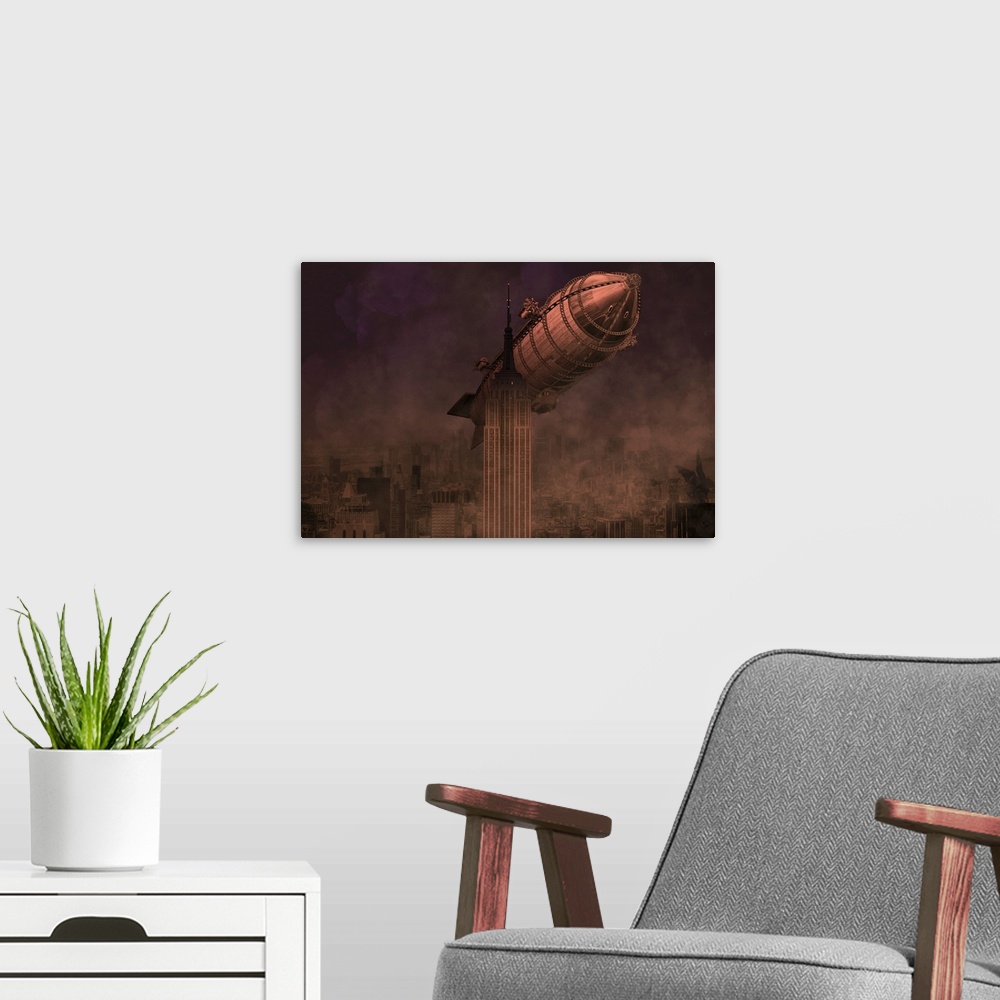 A modern room featuring A rigid airship flies by the Empire State Building, ready to collide, composite image.