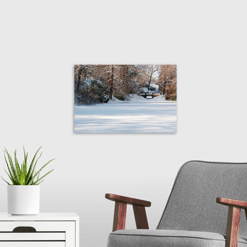 A modern room featuring A snow-covered landscape with pond, trees; and a bridge.