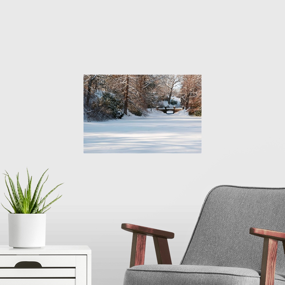 A modern room featuring A snow-covered landscape with pond, trees; and a bridge.