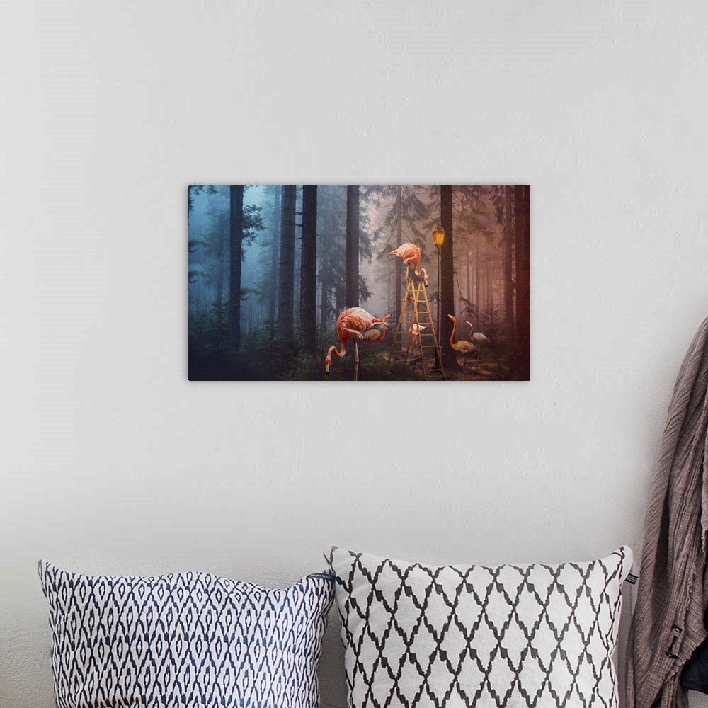A bohemian room featuring A surreal composite image of flamingoes in a forest with a ladder and lamp post.