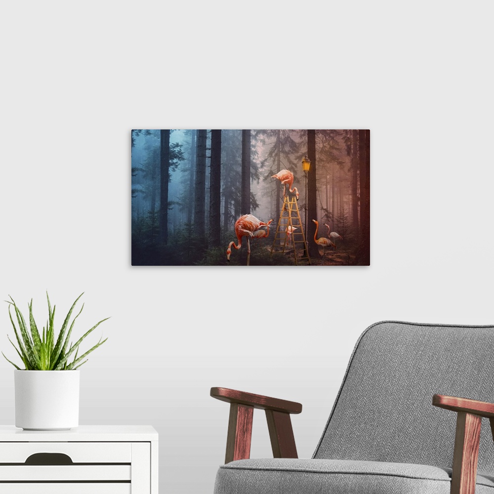 A modern room featuring A surreal composite image of flamingoes in a forest with a ladder and lamp post.