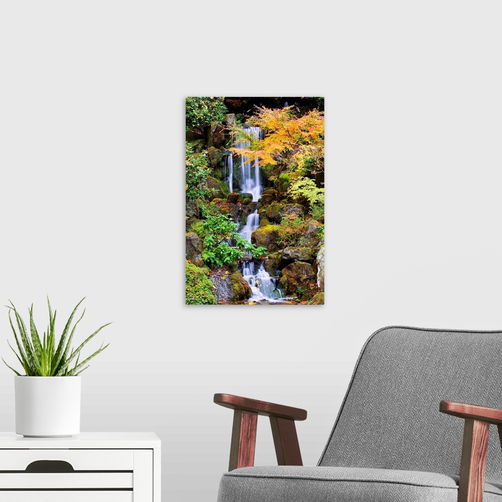 A modern room featuring A Waterfall In The Portland Japanese Garden In Autumn, Portland, Oregon