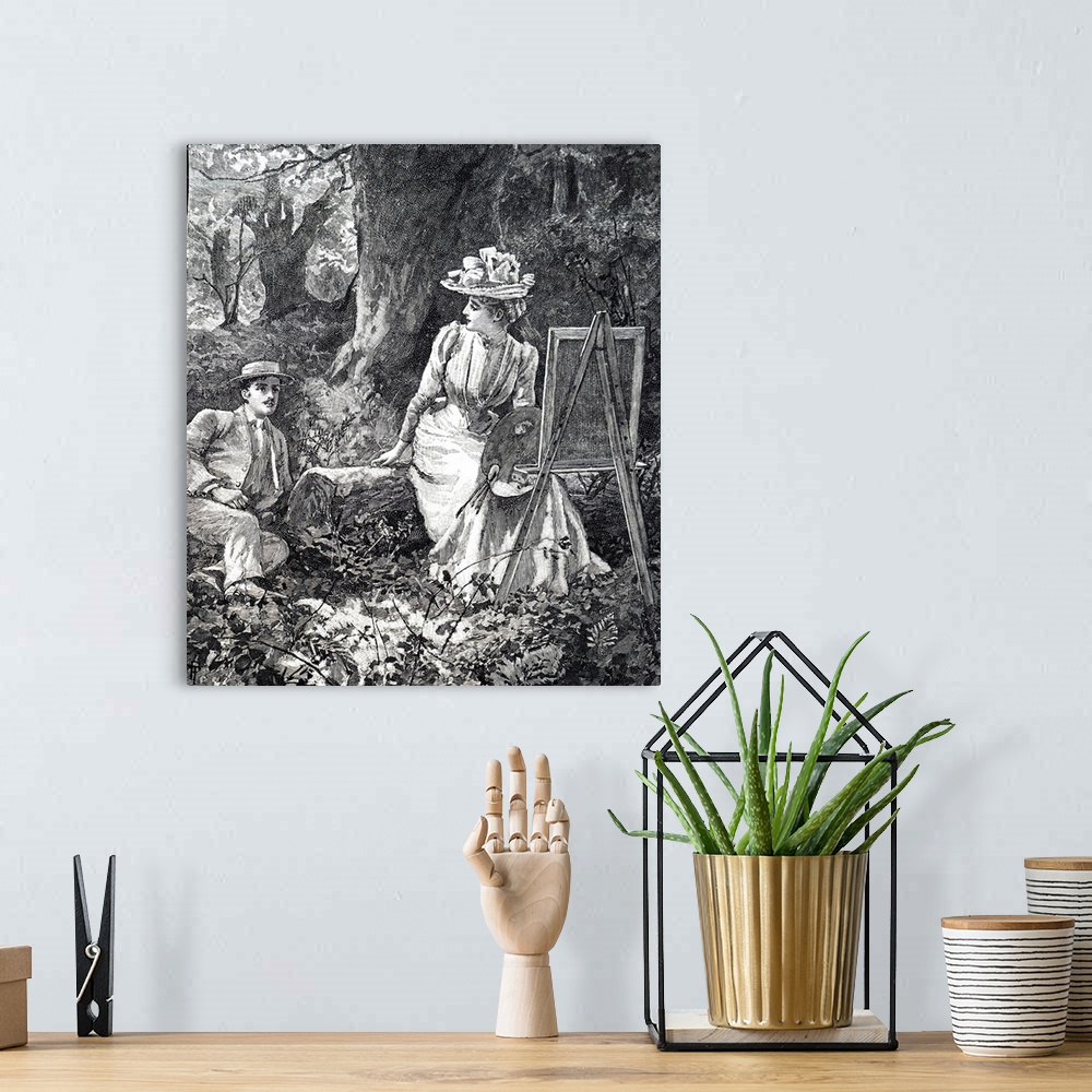 A bohemian room featuring Illustration depicting a young artist presenting her work to her lover as the relax in the woods....