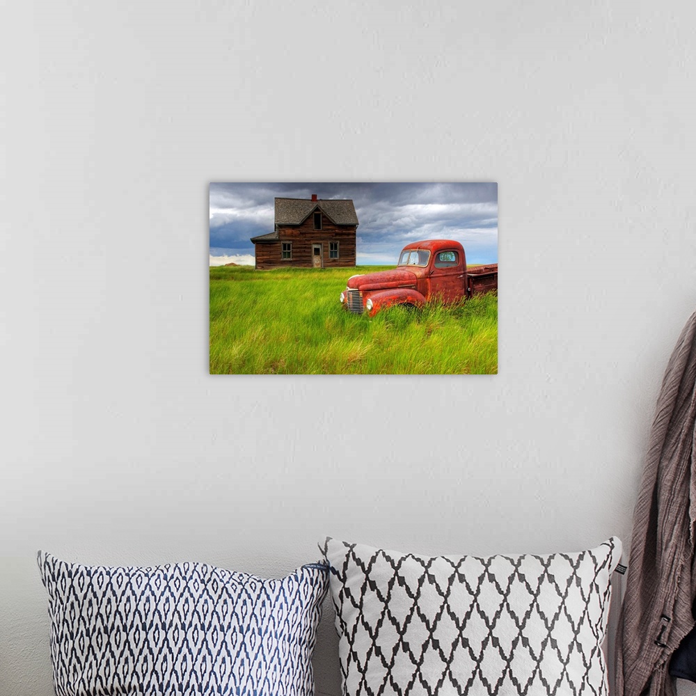 A bohemian room featuring Abandoned Homestead House And Red Pick-Up Truck, Saskatchewan, Canada