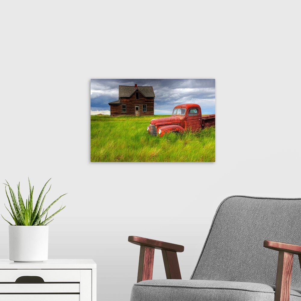 A modern room featuring Abandoned Homestead House And Red Pick-Up Truck, Saskatchewan, Canada