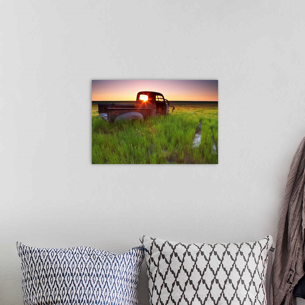 A bohemian room featuring Abandoned Pick-Up Truck Sitting In A Field At Sunset, Southwestern Saskatchewan