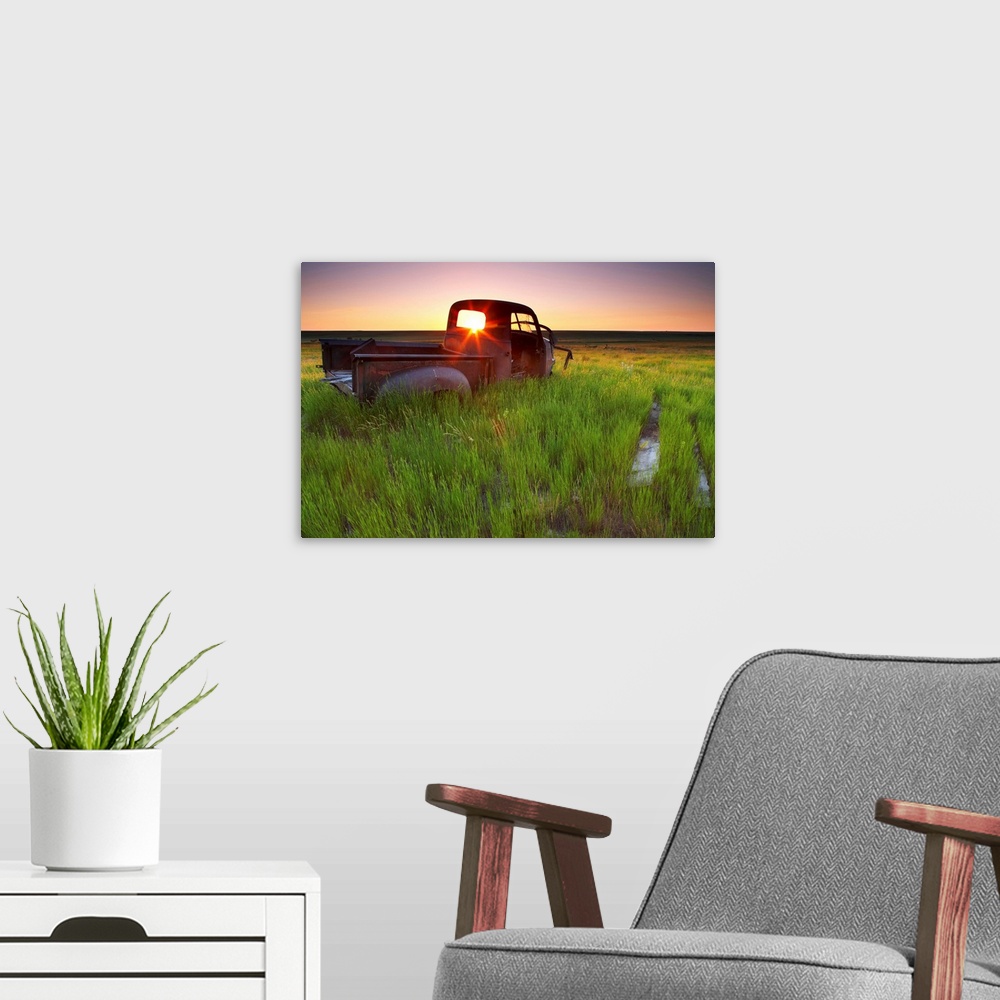 A modern room featuring Abandoned Pick-Up Truck Sitting In A Field At Sunset, Southwestern Saskatchewan