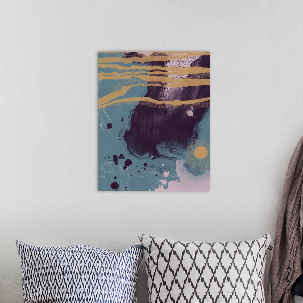 A bohemian room featuring Abstract liquid artwork in gold, teal, pink and purple.