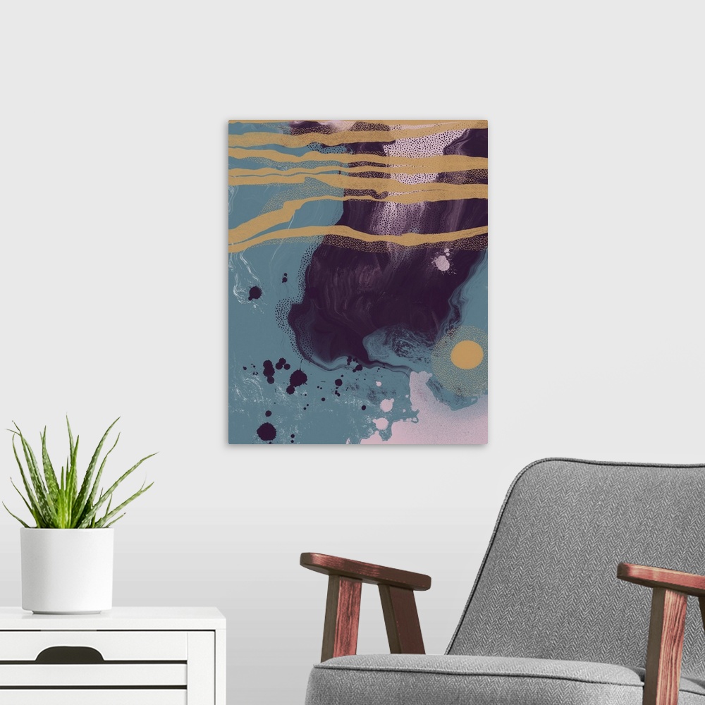 A modern room featuring Abstract liquid artwork in gold, teal, pink and purple.