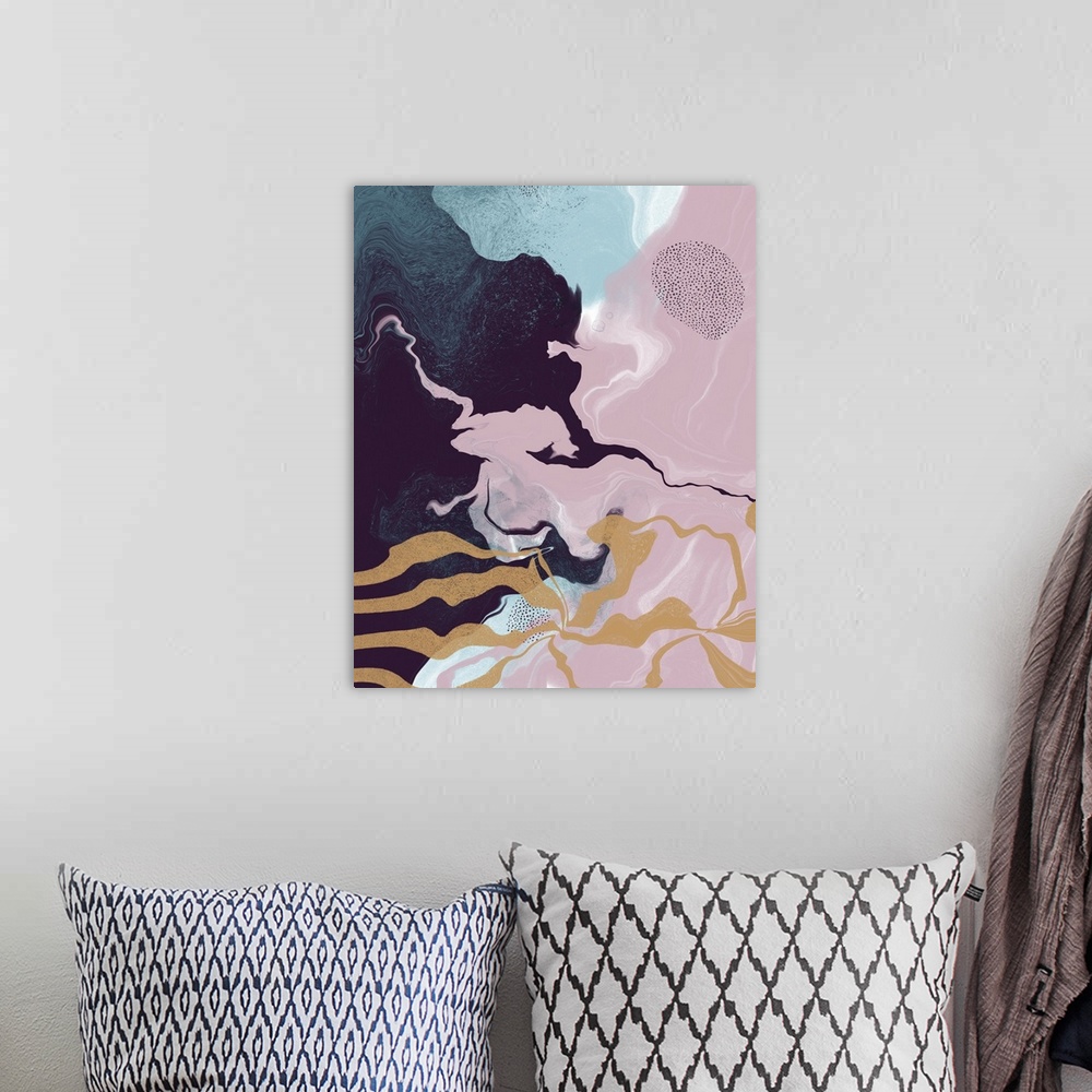 A bohemian room featuring Abstract liquid artwork in gold, teal, pink and purple.